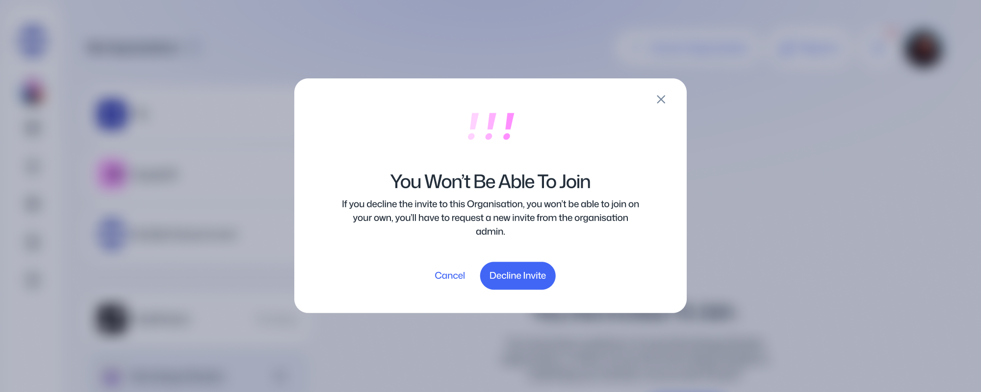 A modal confirming that the user wants to decline a workspace invite.